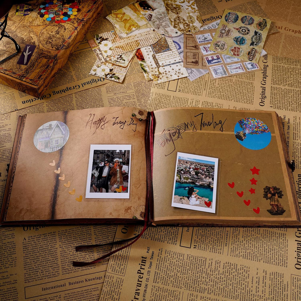 JIMBON Our Adventure Book Scrapbook Photo Album Retro Style Embossed Letter Cover Travel Diary Journal Scrap Book Kit For Couples,Memory Book For Anniversary Wedding