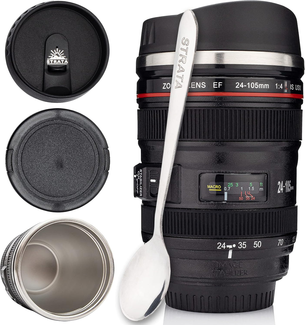 STRATA CUPS Camera Lens Coffee Mug -13.5oz | (2 LIDS + SPOON + BAG) Gift for Him, Dad Gifts, Photography, Camera accessories, Novelty Gifts
