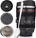STRATA CUPS Camera Lens Coffee Mug -13.5oz | (2 LIDS + SPOON + BAG) Gift for Him, Dad Gifts, Photography, Camera accessories, Novelty Gifts