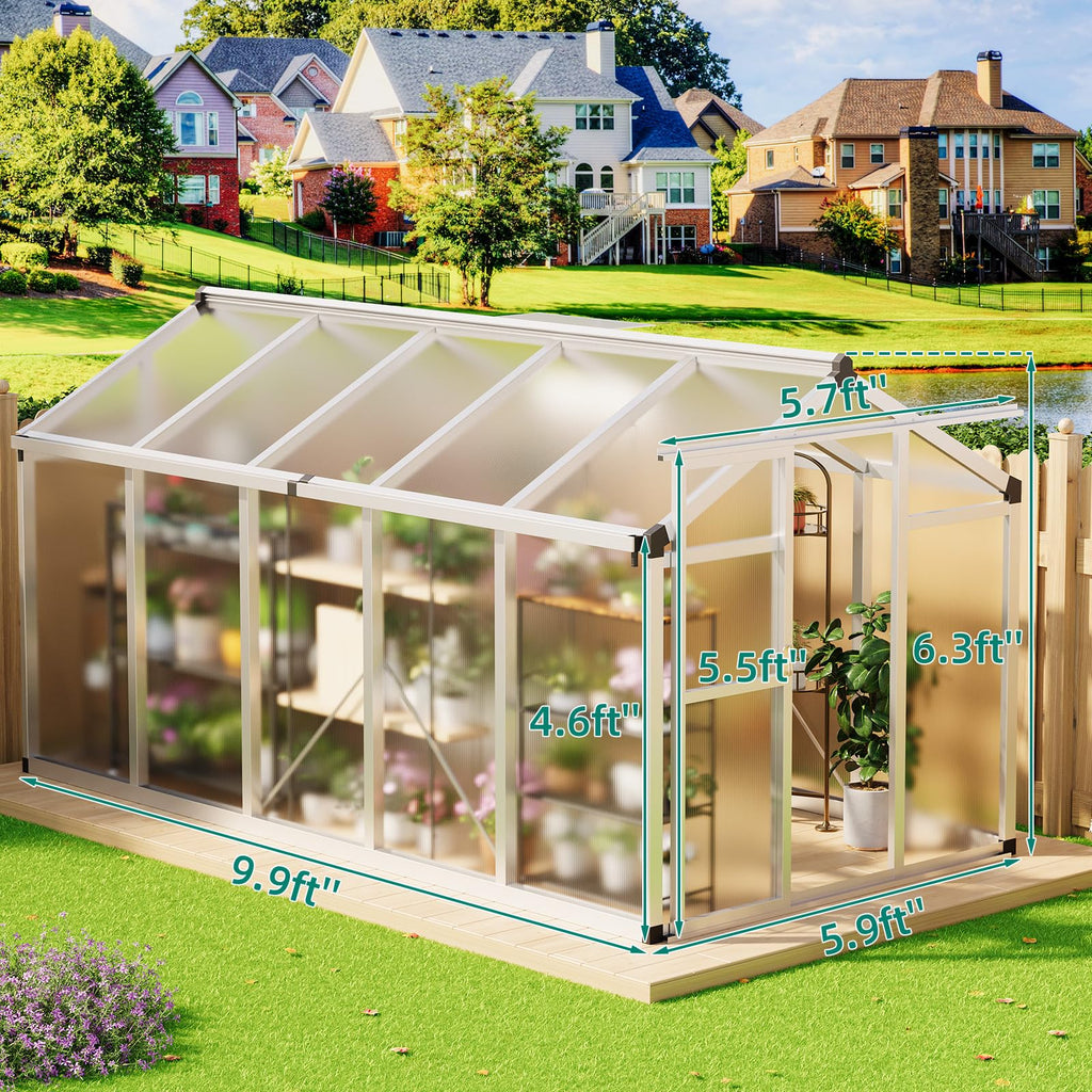 6×8FT Greenhouses for Outdoors, Aluminum Polycarbonate Greenhouses with Roof Vent - Heavy-Duty Walk-in Green Houses for All-Season Backyard Gardening