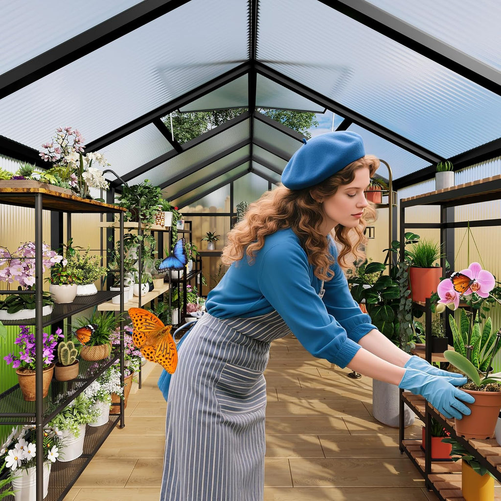 6×10 FT Greenhouse, Large Walk in Greenhouses for Outdoors and Garden Planting, Polycarbonate Greenhouse with Enhanced Aluminum Frame, Green Houses with Quick Setup Structure and Roof Vent, Black