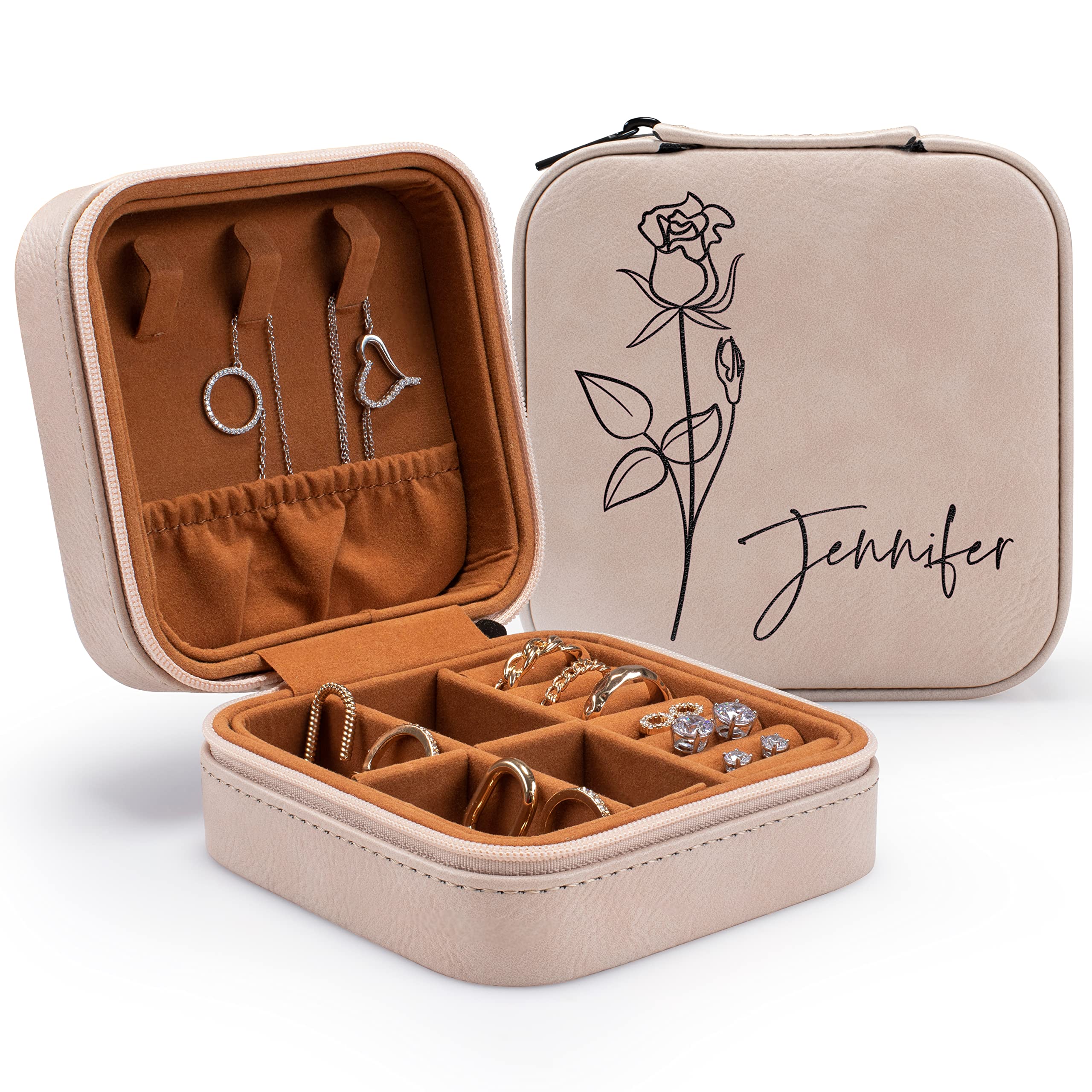 Custom Leather Jewelry Box w/Name & Birth Flower Month - Birthday Gifts for Women, Personalized Jewelry Travel Case - Customized Jewelry Organizer Box, Mom Birthday Gifts - Rustic