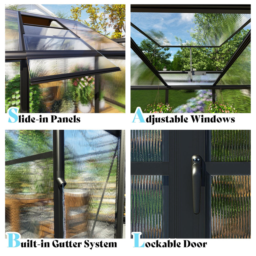 AMERLIFE 8x12x7FT Polycarbonate Greenhouse, Walk in Greenhouse with Quick-Connect System, Green House with 4 Vent Windows and Swing Lockable Door, Greenhouses for Outdoors, Sunroom Black