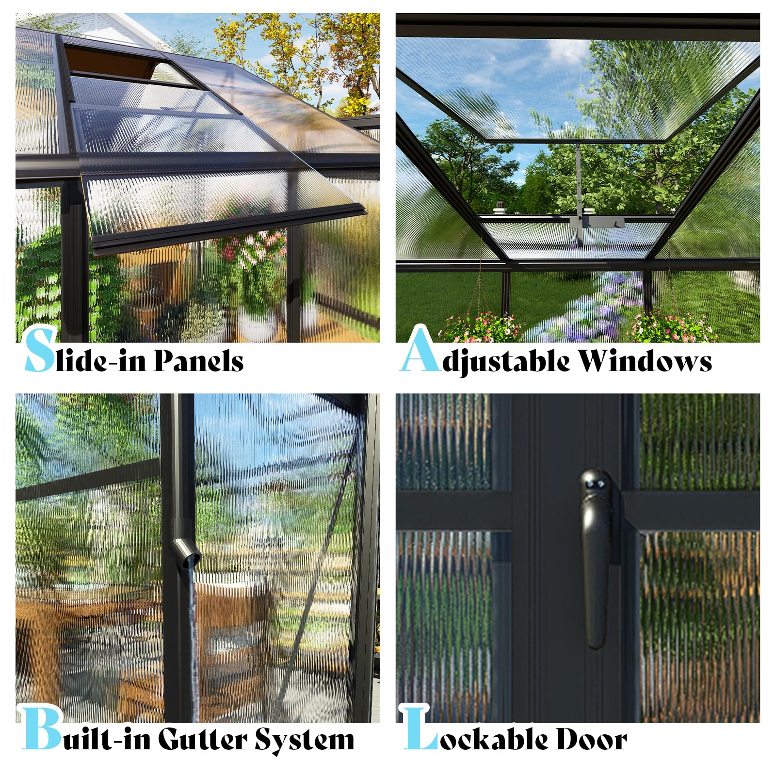 AMERLIFE 8x12x7FT Polycarbonate Greenhouse, Walk in Greenhouse with Quick-Connect System, Green House with 4 Vent Windows and Swing Lockable Door, Greenhouses for Outdoors, Sunroom Black
