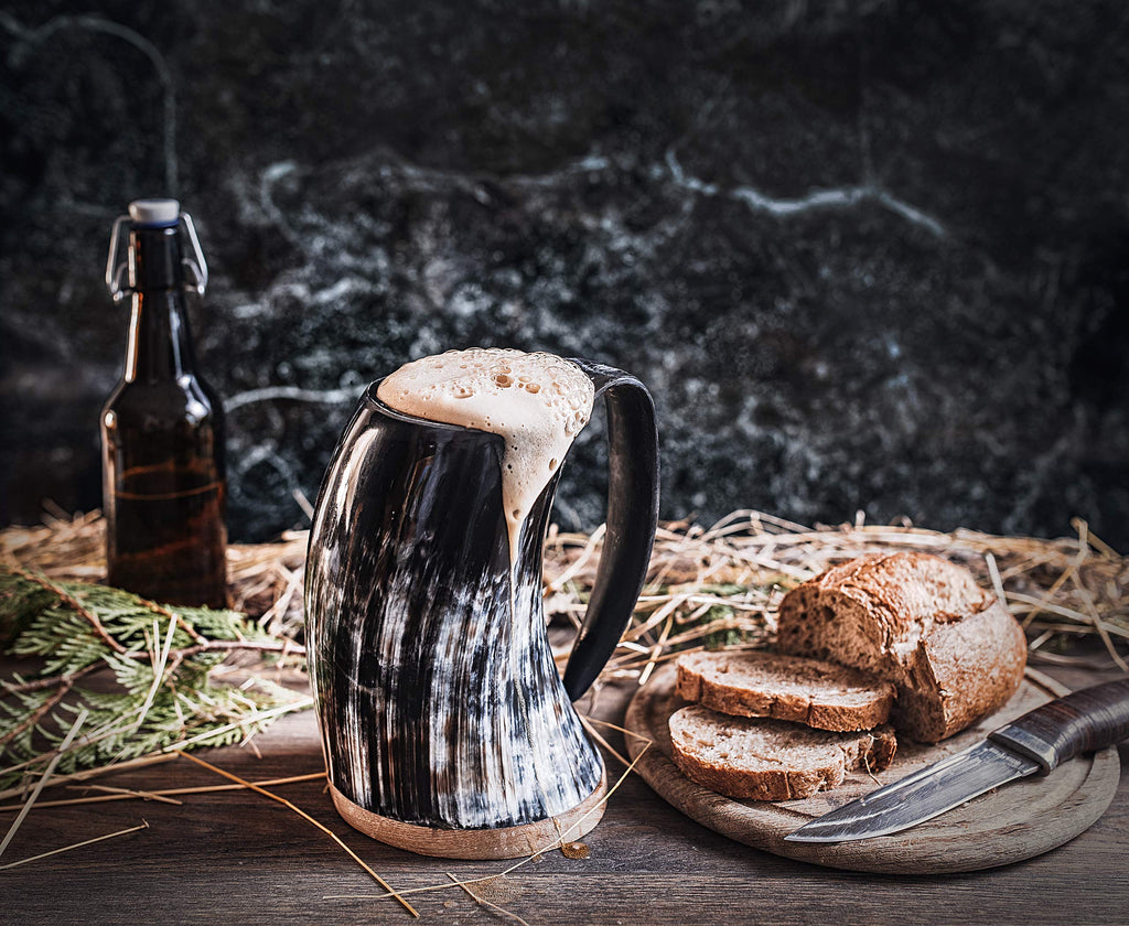Norse Tradesman Original LG Viking Drinking Horn Mug - 100% Authentic Beer Horn Tankard With Natural Surface & Burlap Gift Sack | The Original, Low Polish, approx. 16 oz