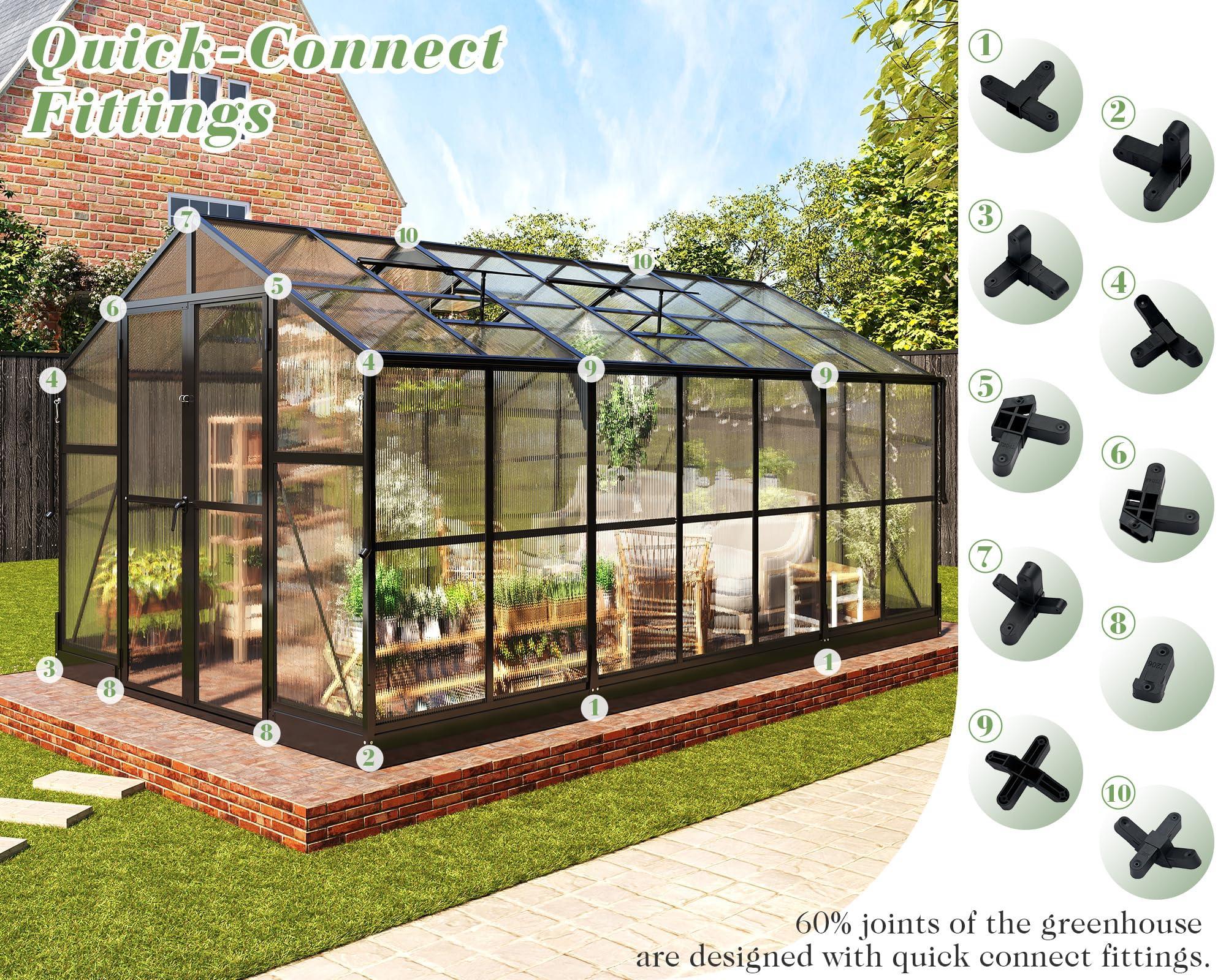 Jocisland 8x12x7.5 FT Greenhouse - Outdoor Aluminum Polycarbonate Greenhouse with Ventilation and Rain Gutter, 4 Swing Doors with Hook, Walk in Greenhouse for Outdoors Backyard Garden, Black - Unique Gift Market