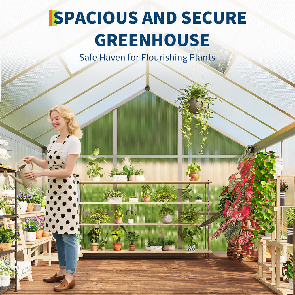 8×10 FT Greenhouse, Large Walk in Greenhouses for Outdoors and Garden Planting, Polycarbonate Greenhouse with Enhanced Aluminum Frame, Green Houses with Quick Setup Structure and Roof Vent, Green
