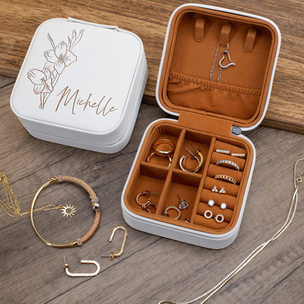 Custom Leather Jewelry Box w/Name & Birth Flower Month - Birthday Gifts for Women, Personalized Jewelry Travel Case - Customized Jewelry Organizer Box, Mom Birthday Gifts - Rustic