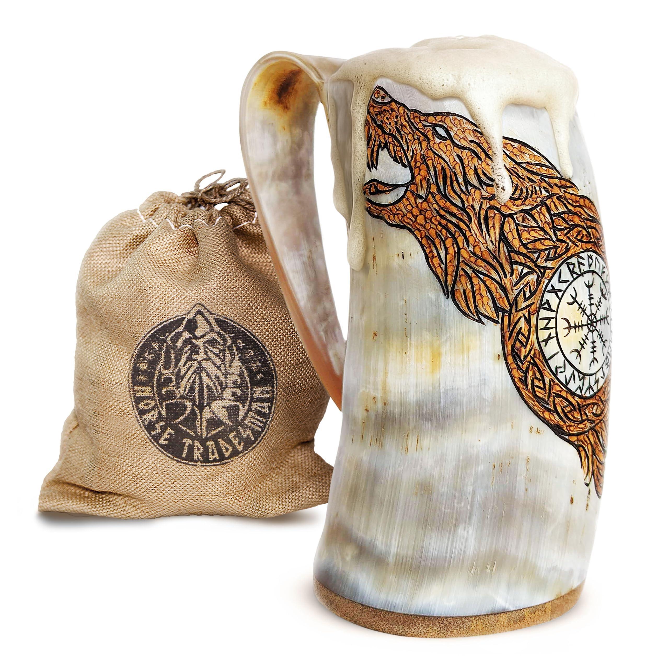 Norse Tradesman Original LG Viking Drinking Horn Mug - 100% Authentic Beer Horn Tankard With Natural Surface & Burlap Gift Sack | The Original, Low Polish, approx. 16 oz - Unique Gift Market