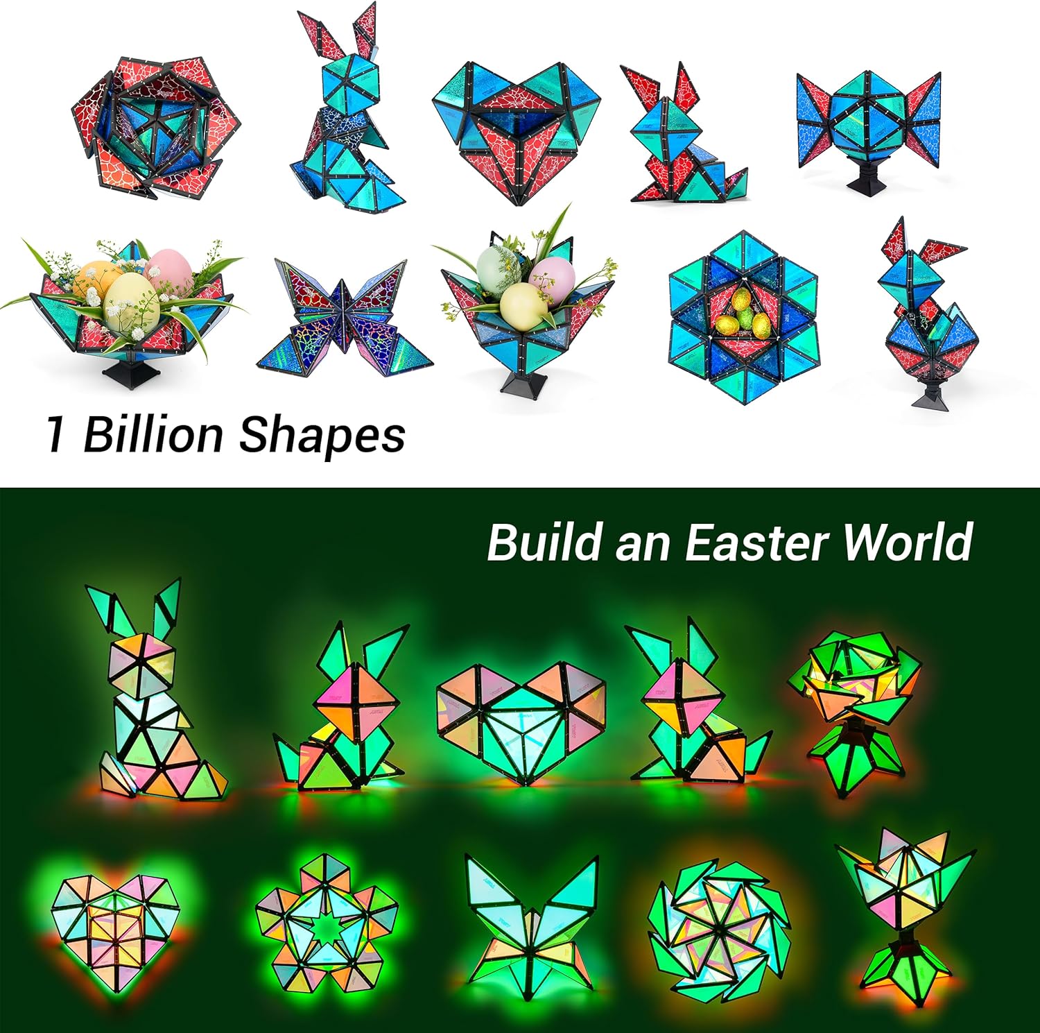 TOSY Magnet Pyramid Glow - 1 Cube Transforms into 1 Billion Shapes (Bunny, Egg Basket, Flowers, Heart), Easter Birthday Gift, 12 pcs, 243 Magnets, Glowing, Holographic Design, Puzzle/STEM Toy