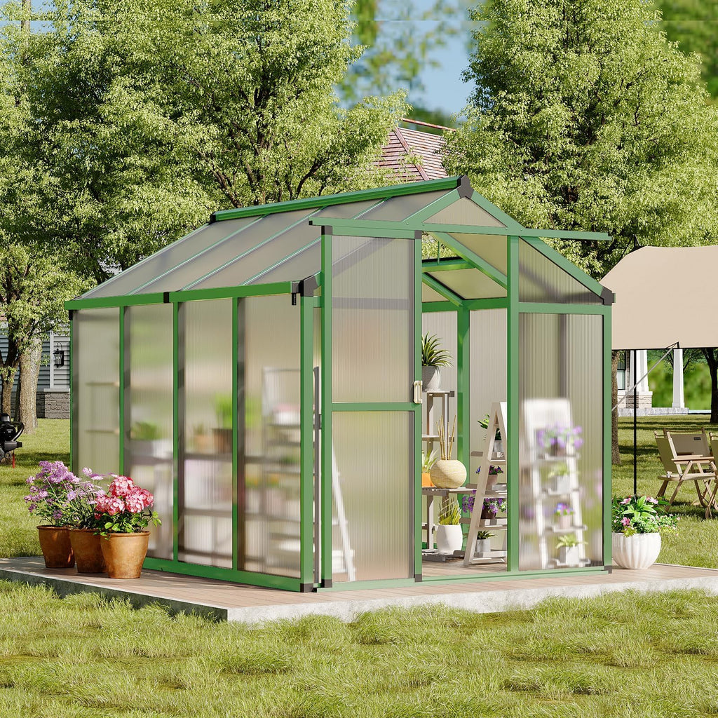 6×8FT Greenhouses for Outdoors, Aluminum Polycarbonate Greenhouses with Roof Vent - Heavy-Duty Walk-in Green Houses for All-Season Backyard Gardening