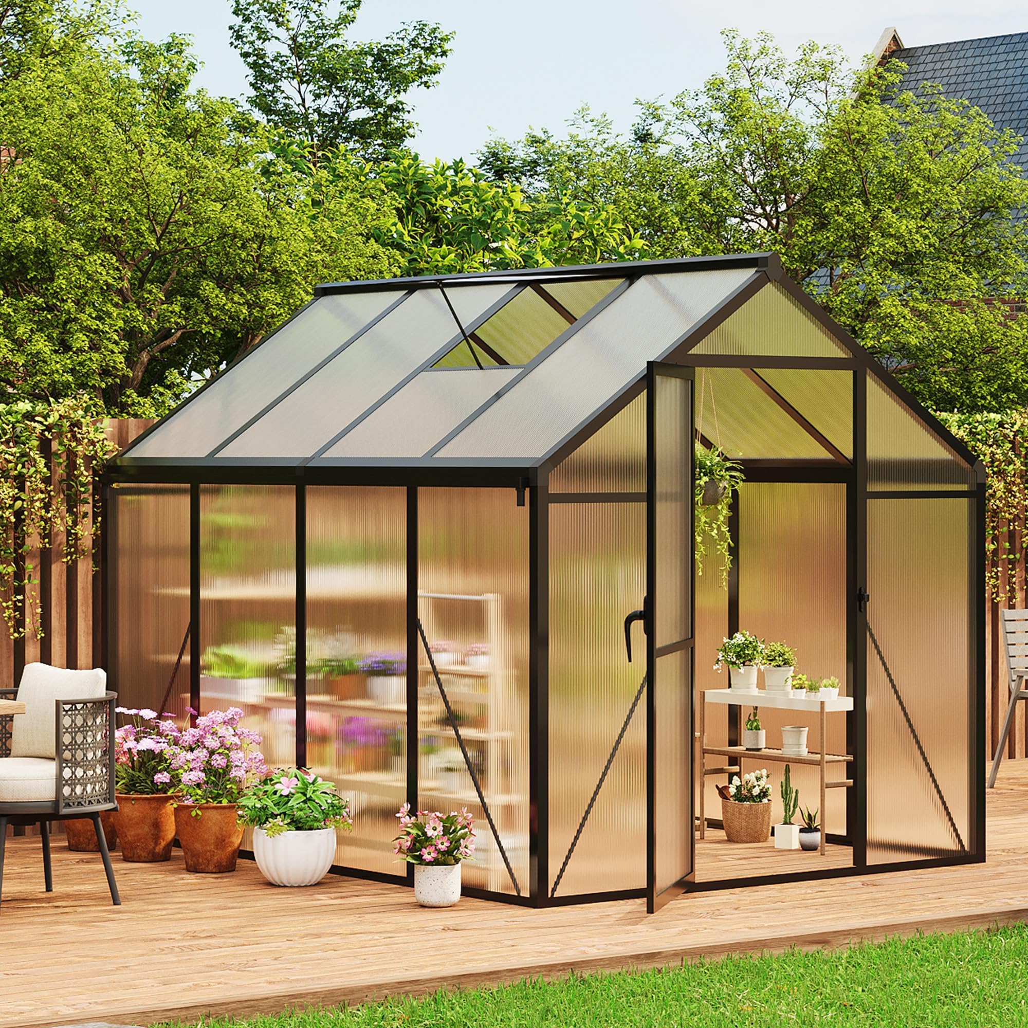 6×8FT Greenhouses for Outdoors, Aluminum Polycarbonate Greenhouses with Roof Vent - Heavy-Duty Walk-in Green Houses for All-Season Backyard Gardening