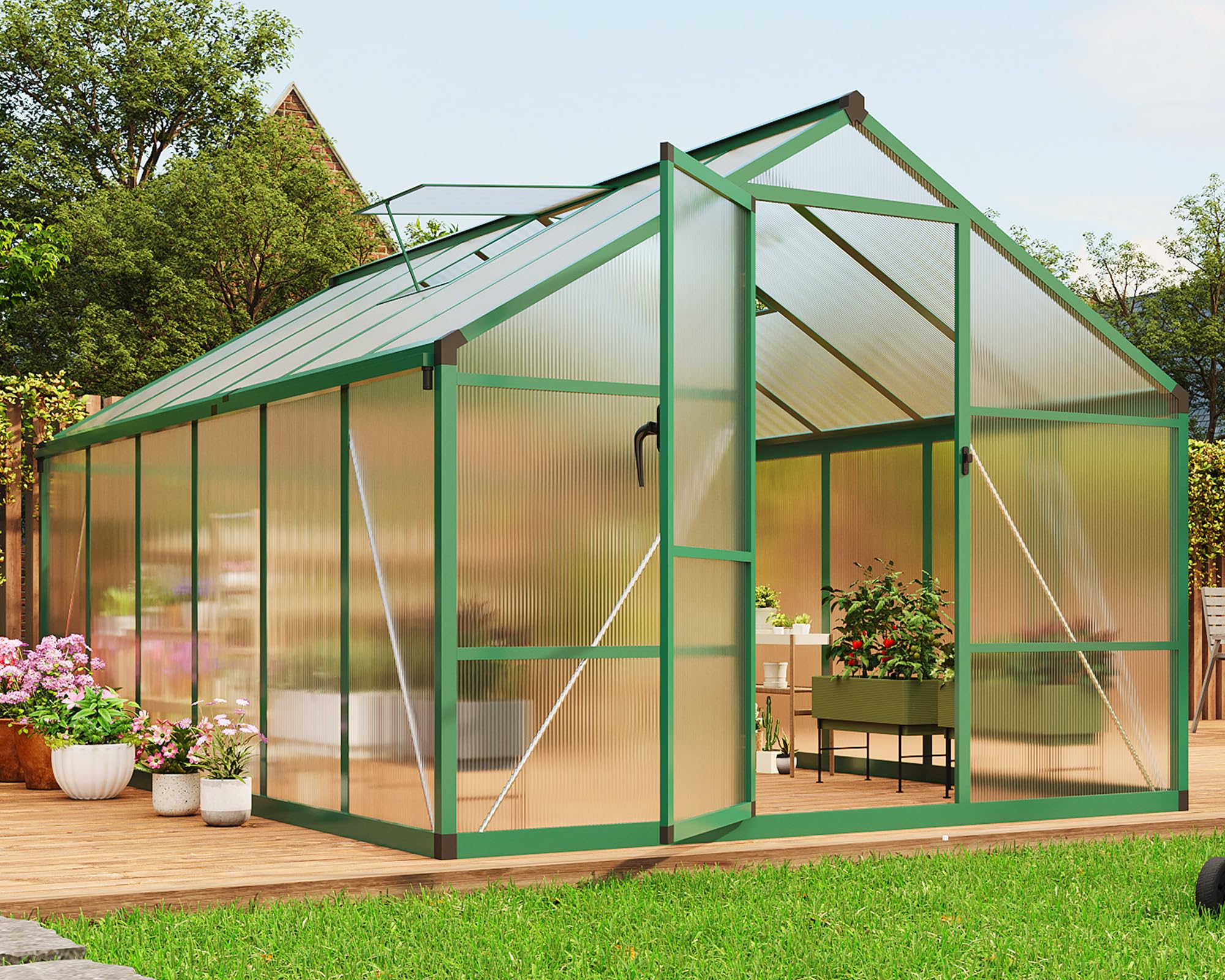 8×10 FT Greenhouse, Large Walk in Greenhouses for Outdoors and Garden Planting, Polycarbonate Greenhouse with Enhanced Aluminum Frame, Green Houses with Quick Setup Structure and Roof Vent, Green