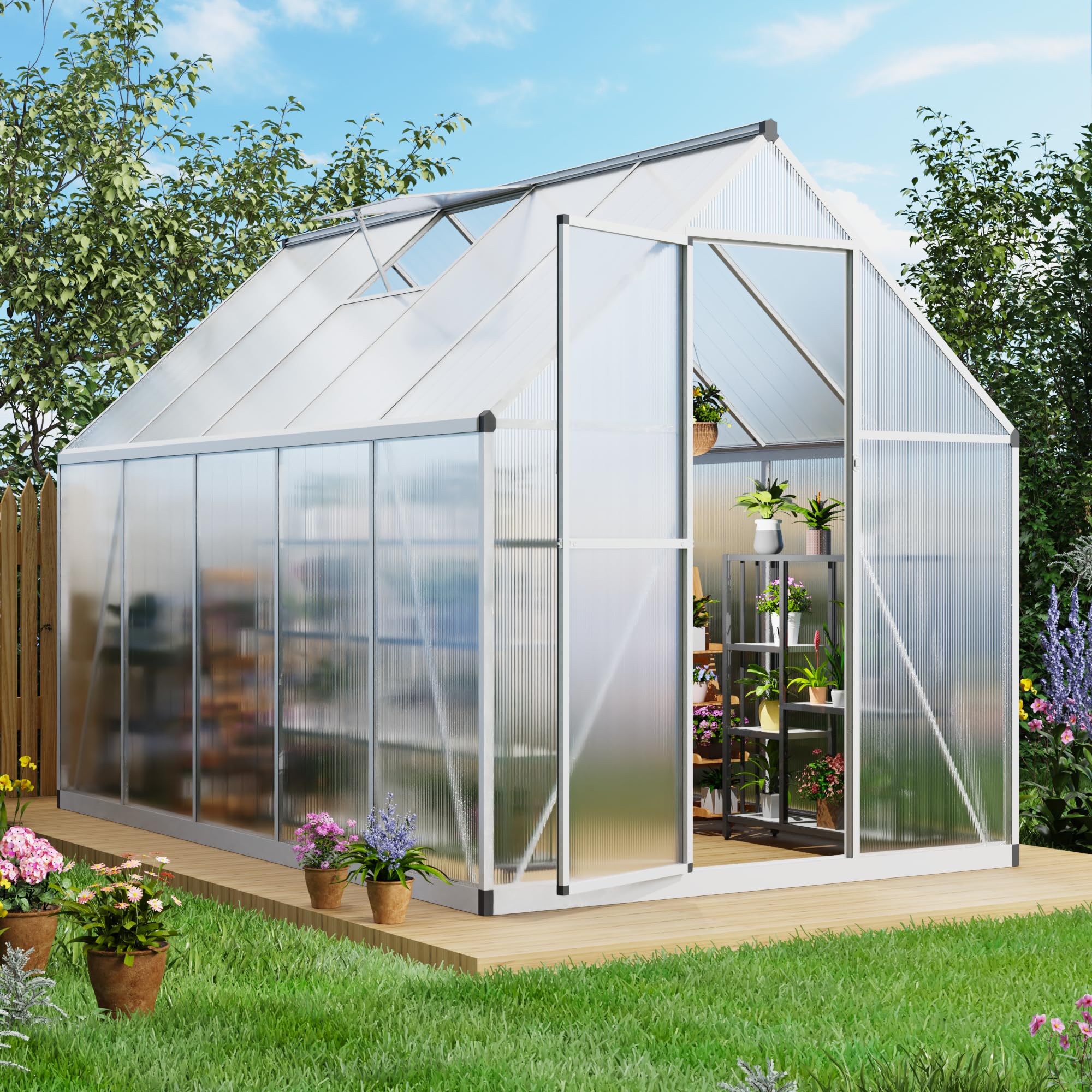 6’ x 9’ Greenhouse for Outdoors, Windproof Robust Aluminum Walk-in Greenhouse with Roof Vent Window for Garden, Backyards Plants, Easy Assembly, Silver