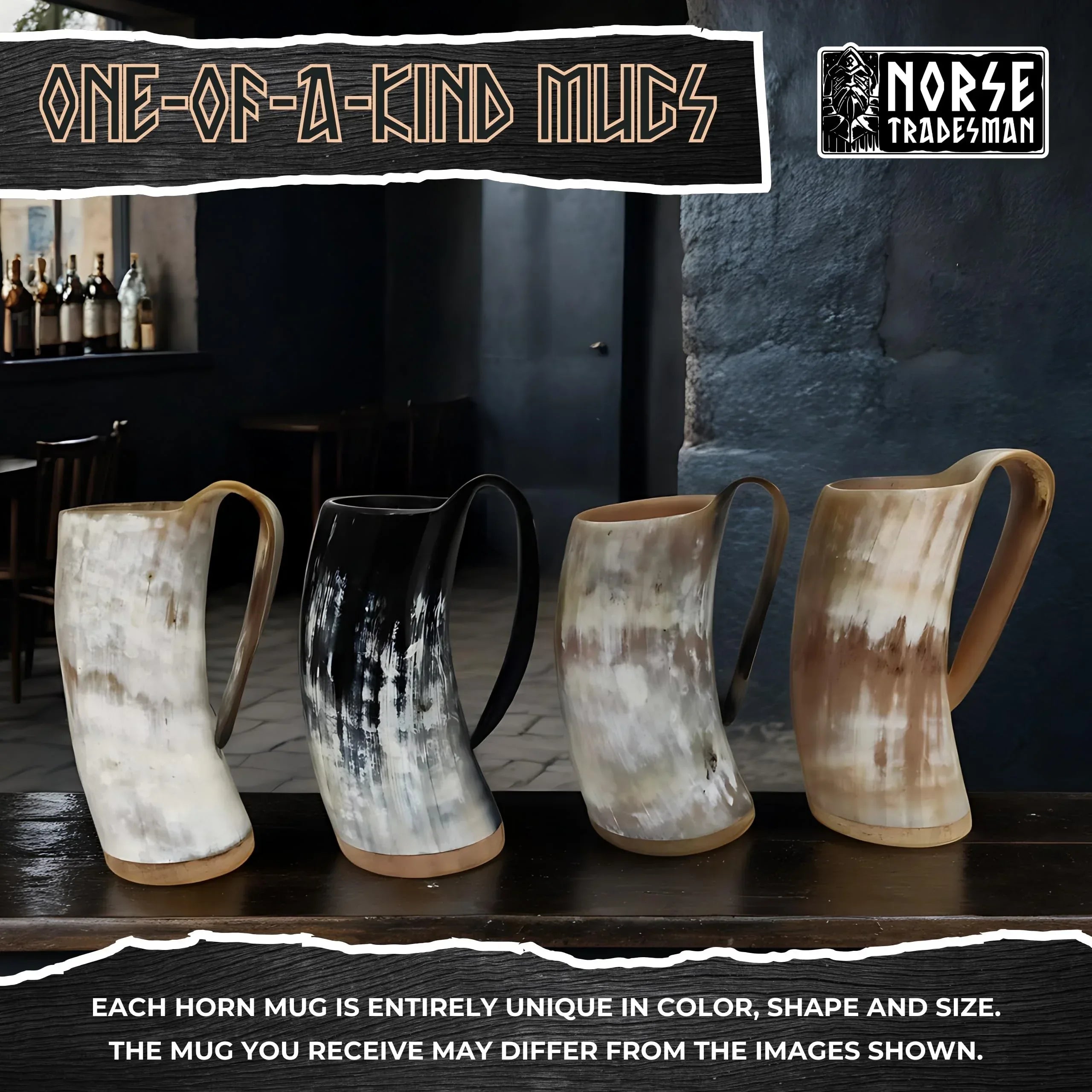 Norse Tradesman Original LG Viking Drinking Horn Mug - 100% Authentic Beer Horn Tankard With Natural Surface & Burlap Gift Sack | The Original, Low Polish, approx. 16 oz - Unique Gift Market