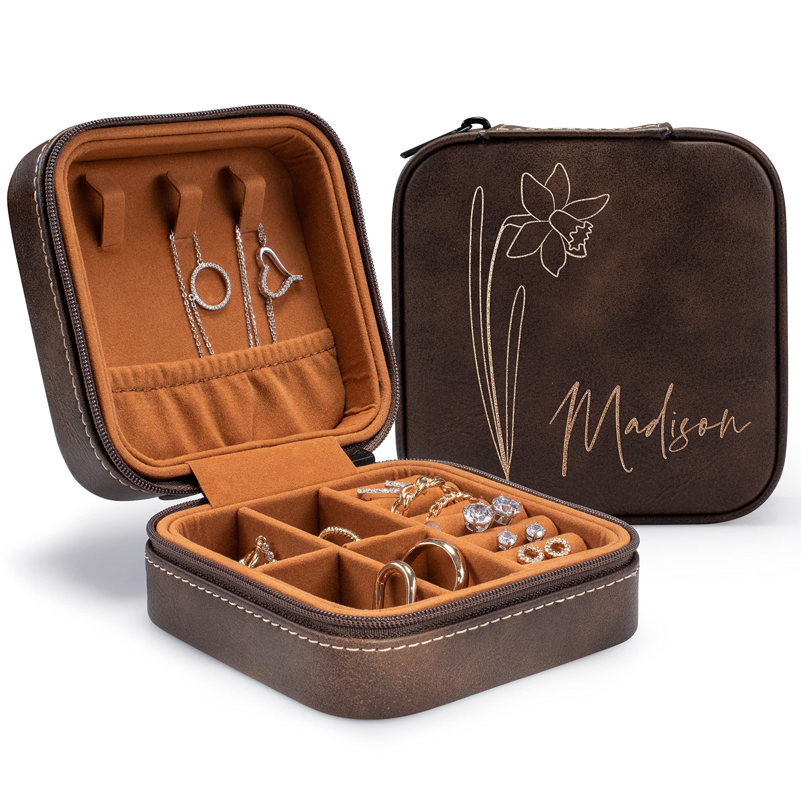 Custom Leather Jewelry Box w/Name & Birth Flower Month - Birthday Gifts for Women, Personalized Jewelry Travel Case - Customized Jewelry Organizer Box, Mom Birthday Gifts - Rustic