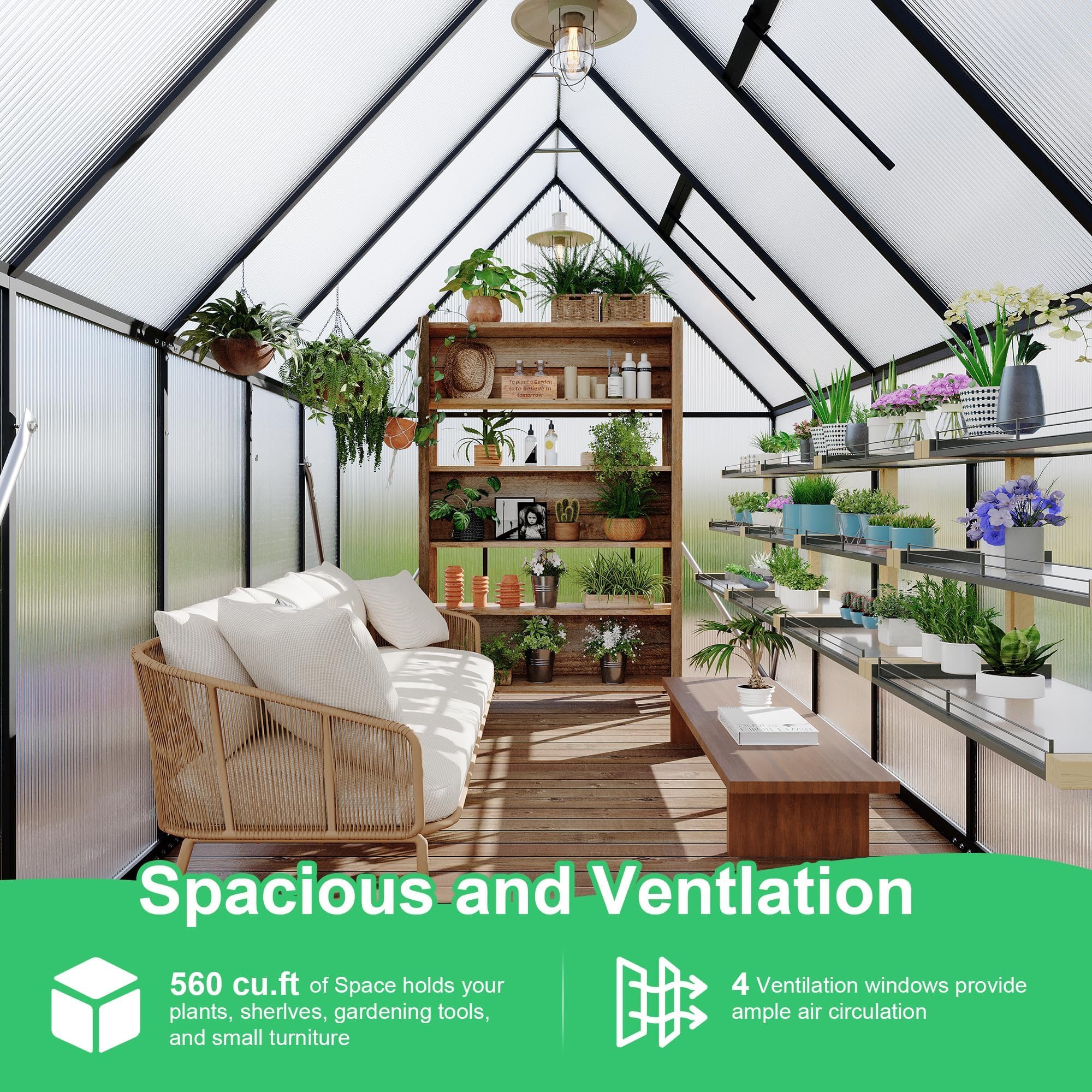 6×8FT Greenhouses for Outdoors, Aluminum Polycarbonate Greenhouses with Roof Vent - Heavy-Duty Walk-in Green Houses for All-Season Backyard Gardening
