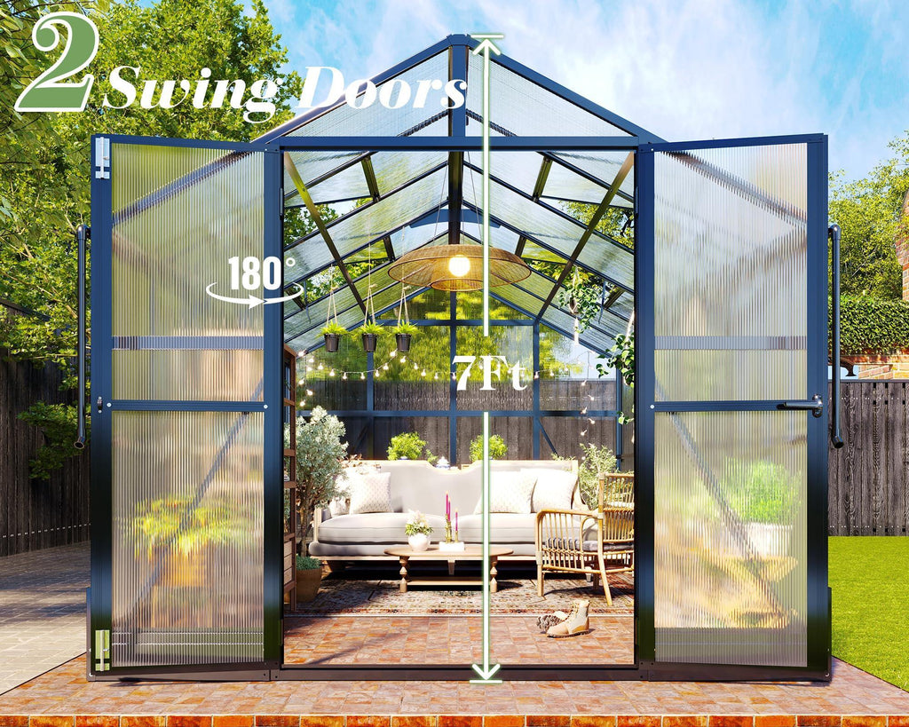 Jocisland 8x12x7.5 FT Greenhouse - Outdoor Aluminum Polycarbonate Greenhouse with Ventilation and Rain Gutter, 4 Swing Doors with Hook, Walk in Greenhouse for Outdoors Backyard Garden, Black - Unique Gift Market