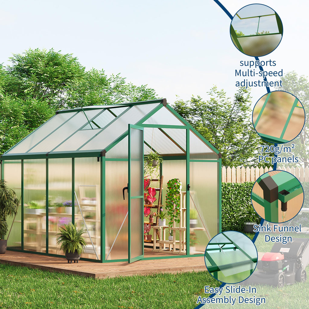 8×10 FT Greenhouse, Large Walk in Greenhouses for Outdoors and Garden Planting, Polycarbonate Greenhouse with Enhanced Aluminum Frame, Green Houses with Quick Setup Structure and Roof Vent, Green