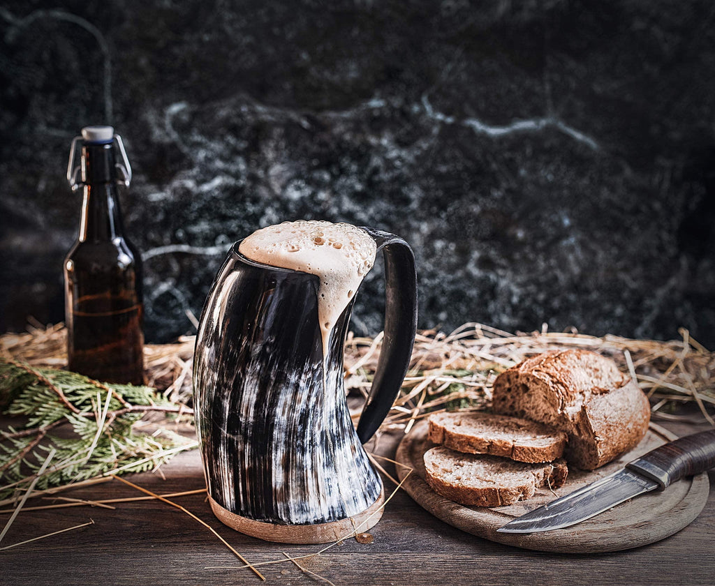 Norse Tradesman Original LG Viking Drinking Horn Mug - 100% Authentic Beer Horn Tankard With Natural Surface & Burlap Gift Sack | The Original, Low Polish, approx. 16 oz - Unique Gift Market