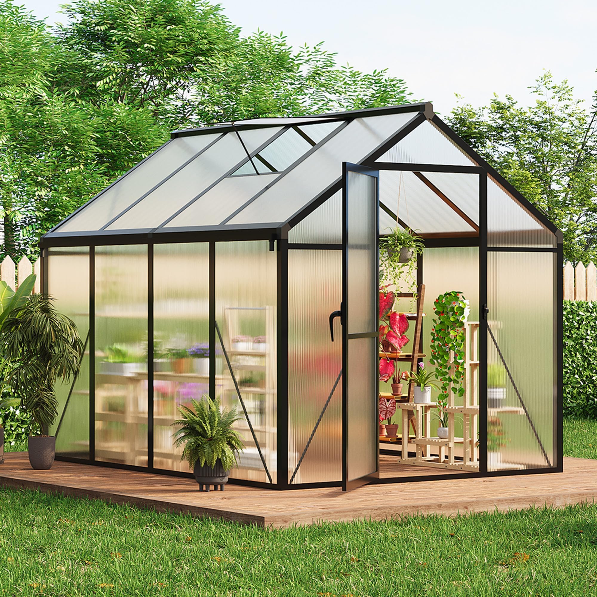 6×8FT Greenhouses for Outdoors, Aluminum Polycarbonate Greenhouses with Roof Vent - Heavy-Duty Walk-in Green Houses for All-Season Backyard Gardening