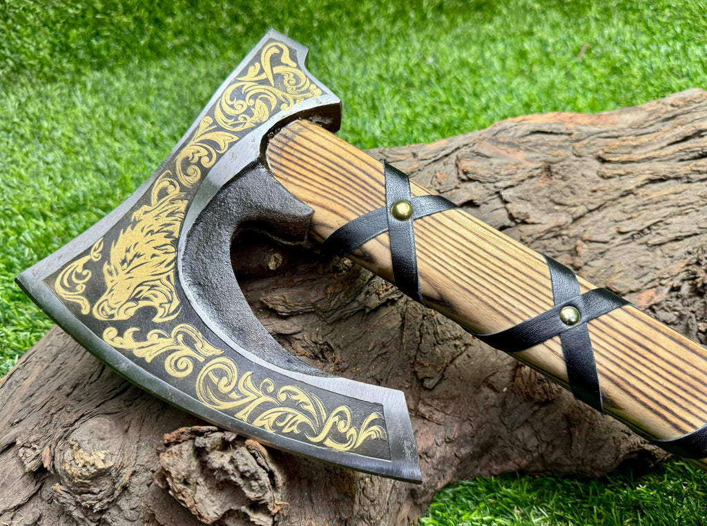 Poshland AX-7001 Custom Gift Forged Carbon Steel Viking Axe with Rose Wood Shaft, Double Edge Axe - Unique Gift Market
