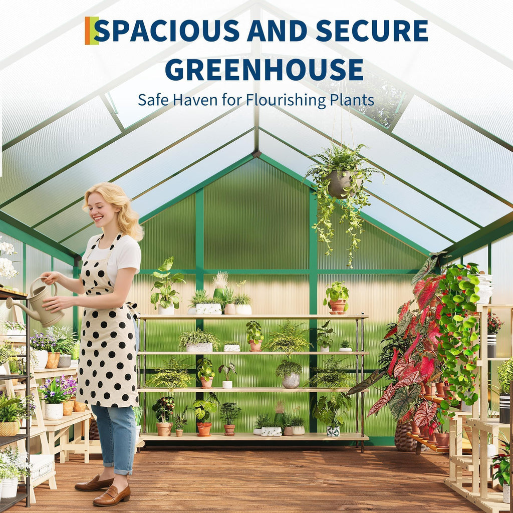 6×8FT Greenhouses for Outdoors, Aluminum Polycarbonate Greenhouses with Roof Vent - Heavy-Duty Walk-in Green Houses for All-Season Backyard Gardening