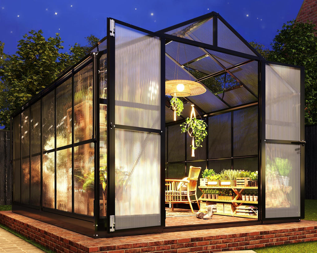 Jocisland 8x12x7.5 FT Greenhouse - Outdoor Aluminum Polycarbonate Greenhouse with Ventilation and Rain Gutter, 4 Swing Doors with Hook, Walk in Greenhouse for Outdoors Backyard Garden, Black - Unique Gift Market
