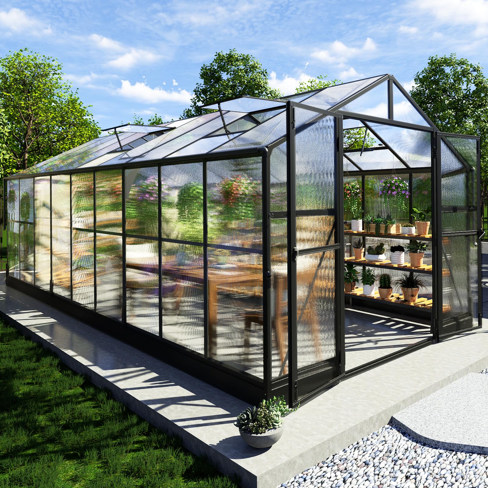 AMERLIFE 8x12x7FT Polycarbonate Greenhouse, Walk in Greenhouse with Quick-Connect System, Green House with 4 Vent Windows and Swing Lockable Door, Greenhouses for Outdoors, Sunroom Black