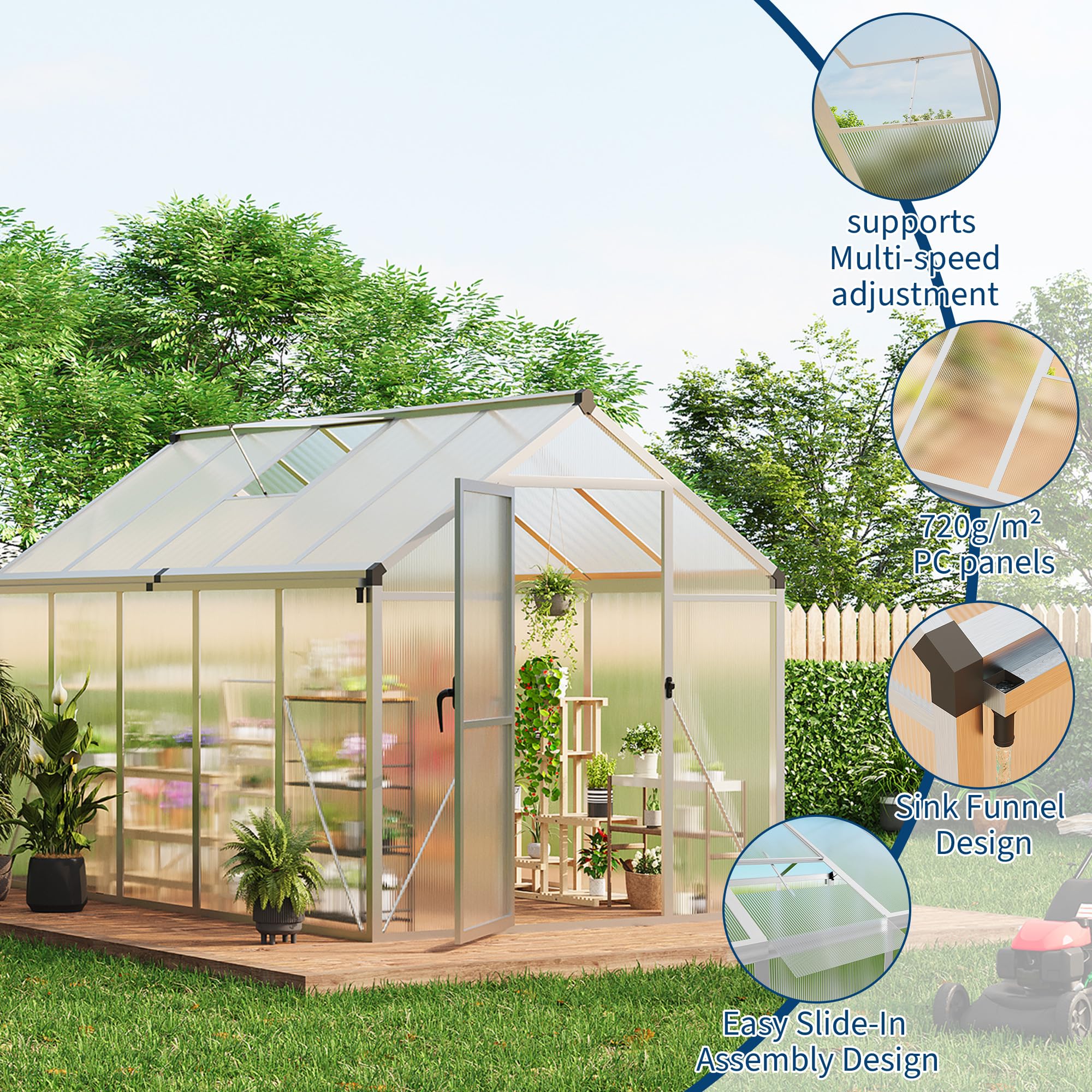 8×10 FT Greenhouse, Large Walk in Greenhouses for Outdoors and Garden Planting, Polycarbonate Greenhouse with Enhanced Aluminum Frame, Green Houses with Quick Setup Structure and Roof Vent, Green