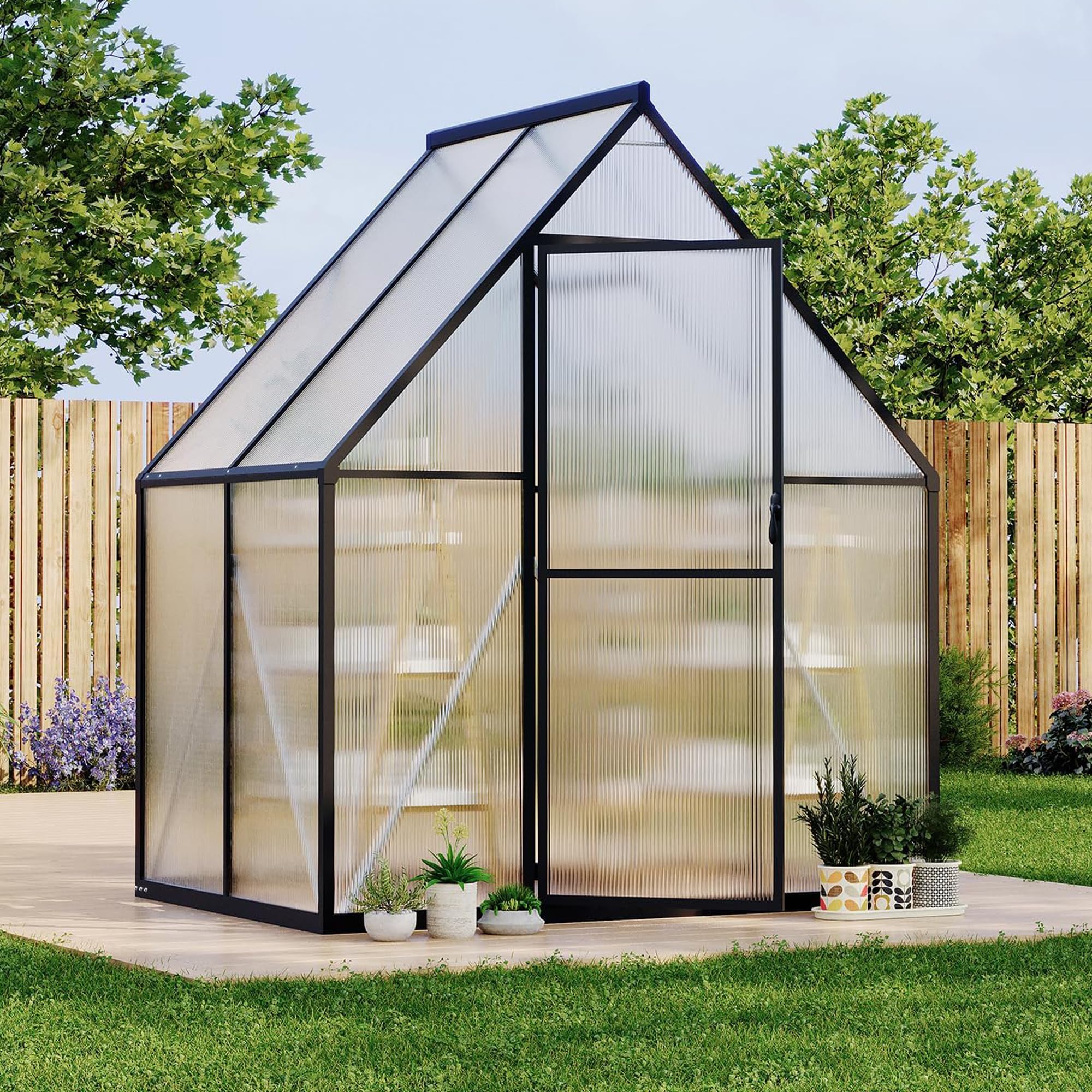 6×8FT Greenhouses for Outdoors, Aluminum Polycarbonate Greenhouses with Roof Vent - Heavy-Duty Walk-in Green Houses for All-Season Backyard Gardening