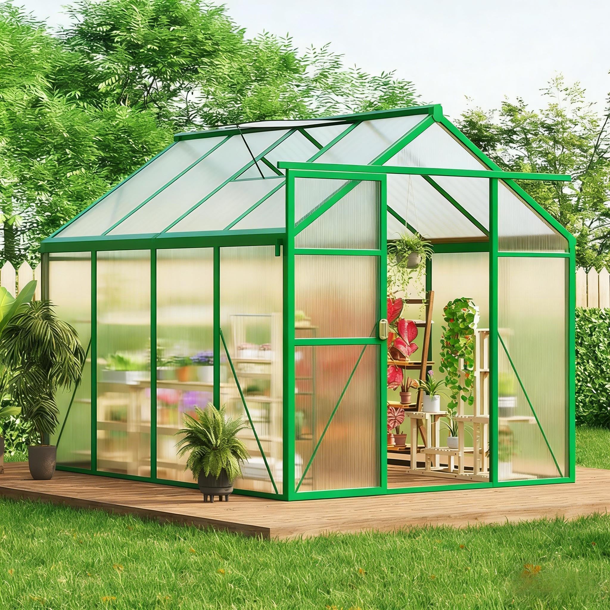 6×8FT Greenhouses for Outdoors, Aluminum Polycarbonate Greenhouses with Roof Vent - Heavy-Duty Walk-in Green Houses for All-Season Backyard Gardening