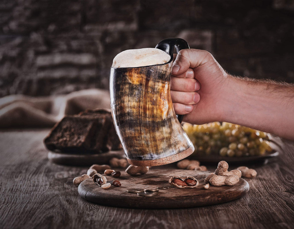 Norse Tradesman Original LG Viking Drinking Horn Mug - 100% Authentic Beer Horn Tankard With Natural Surface & Burlap Gift Sack | The Original, Low Polish, approx. 16 oz