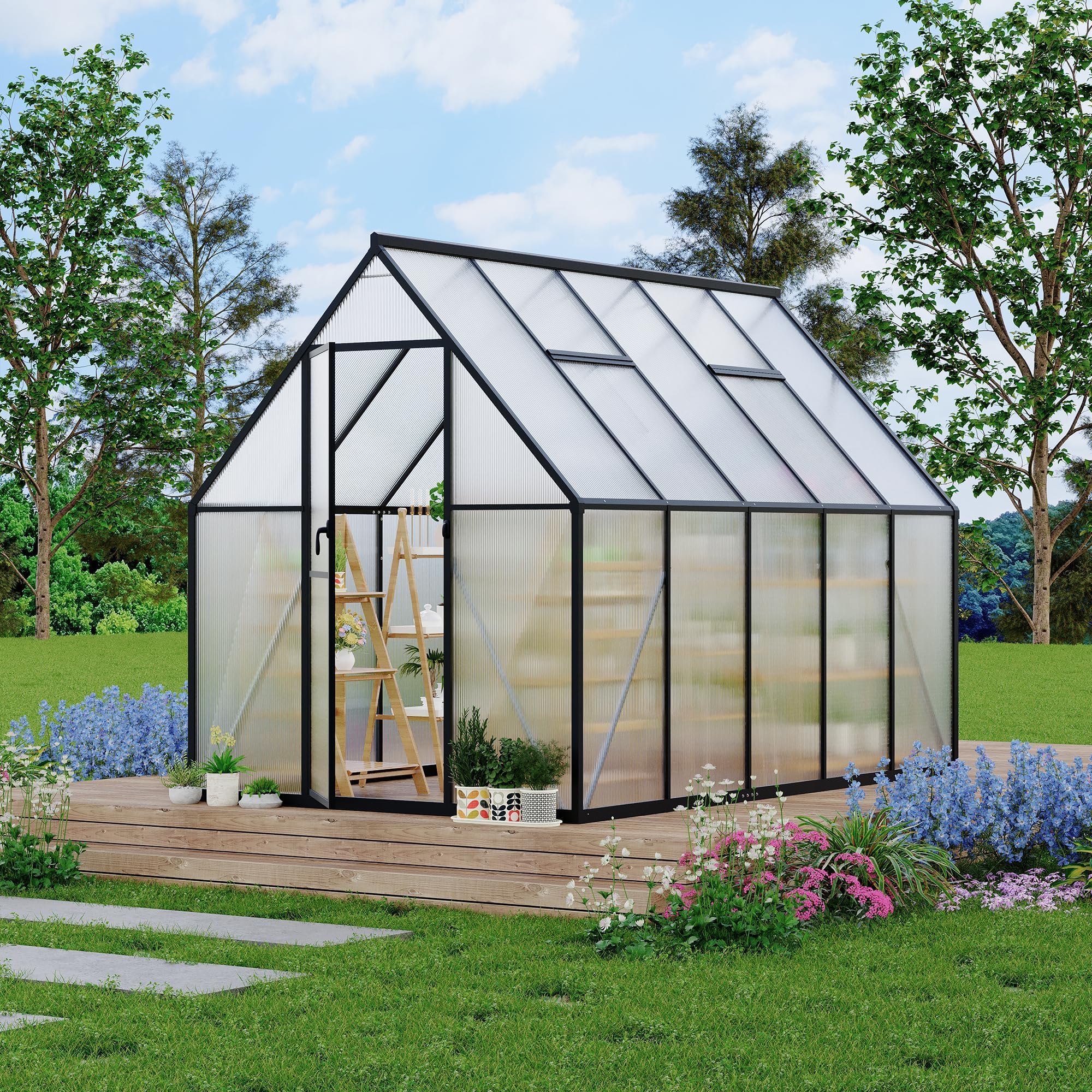 6×8FT Greenhouses for Outdoors, Aluminum Polycarbonate Greenhouses with Roof Vent - Heavy-Duty Walk-in Green Houses for All-Season Backyard Gardening
