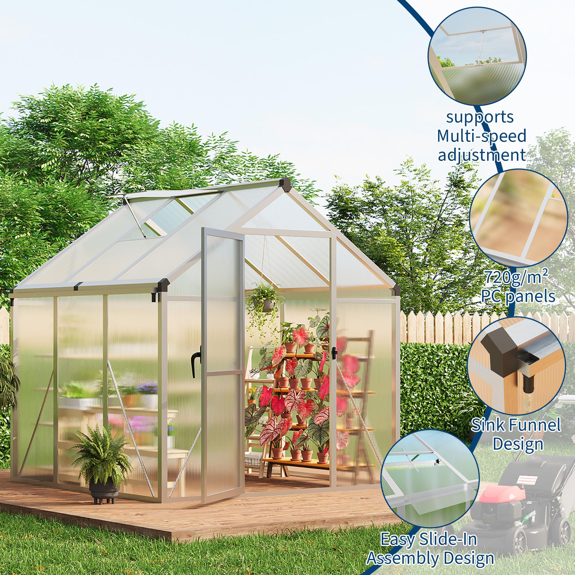 8×10 FT Greenhouse, Large Walk in Greenhouses for Outdoors and Garden Planting, Polycarbonate Greenhouse with Enhanced Aluminum Frame, Green Houses with Quick Setup Structure and Roof Vent, Green