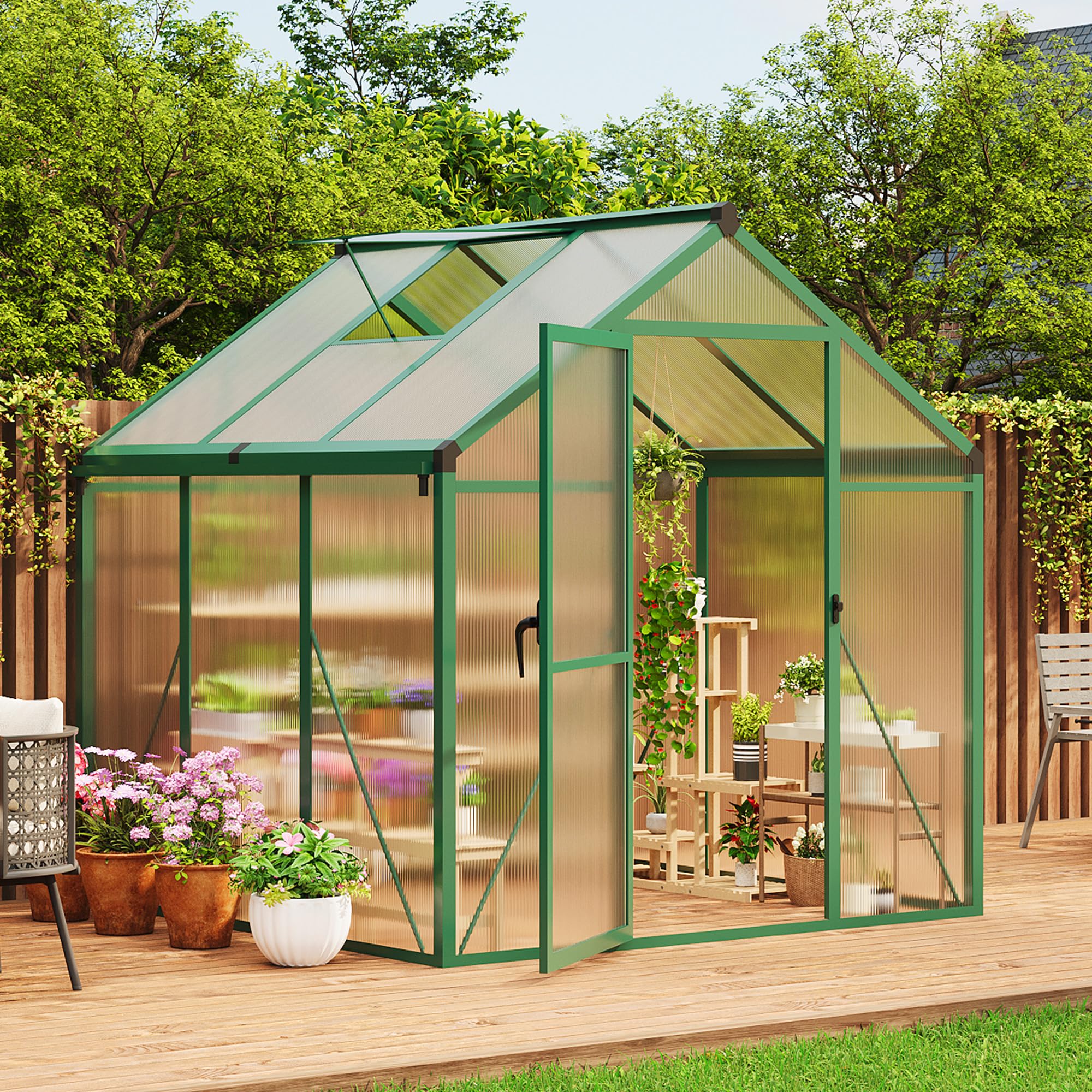 8×10 FT Greenhouse, Large Walk in Greenhouses for Outdoors and Garden Planting, Polycarbonate Greenhouse with Enhanced Aluminum Frame, Green Houses with Quick Setup Structure and Roof Vent, Green