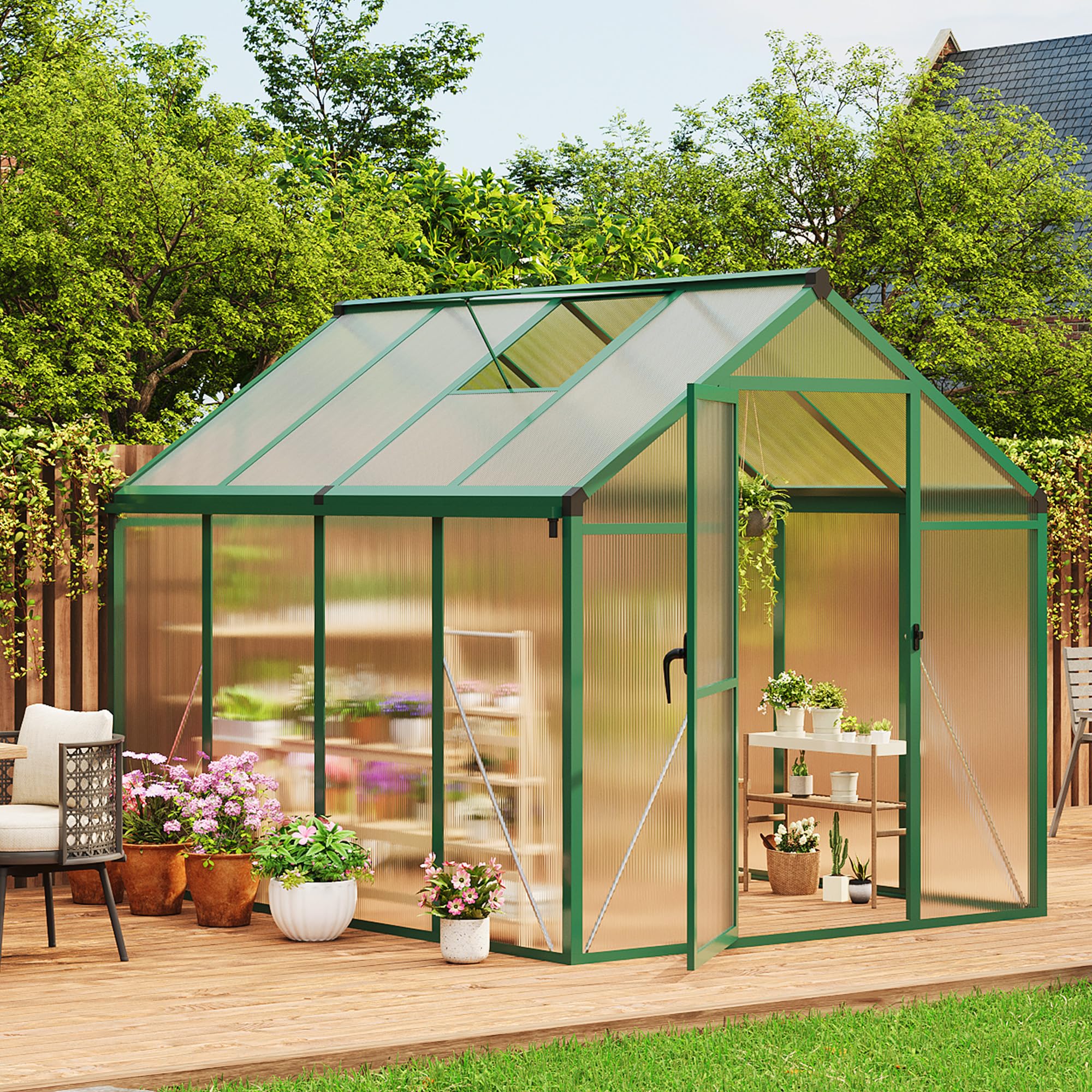 8×10 FT Greenhouse, Large Walk in Greenhouses for Outdoors and Garden Planting, Polycarbonate Greenhouse with Enhanced Aluminum Frame, Green Houses with Quick Setup Structure and Roof Vent, Green