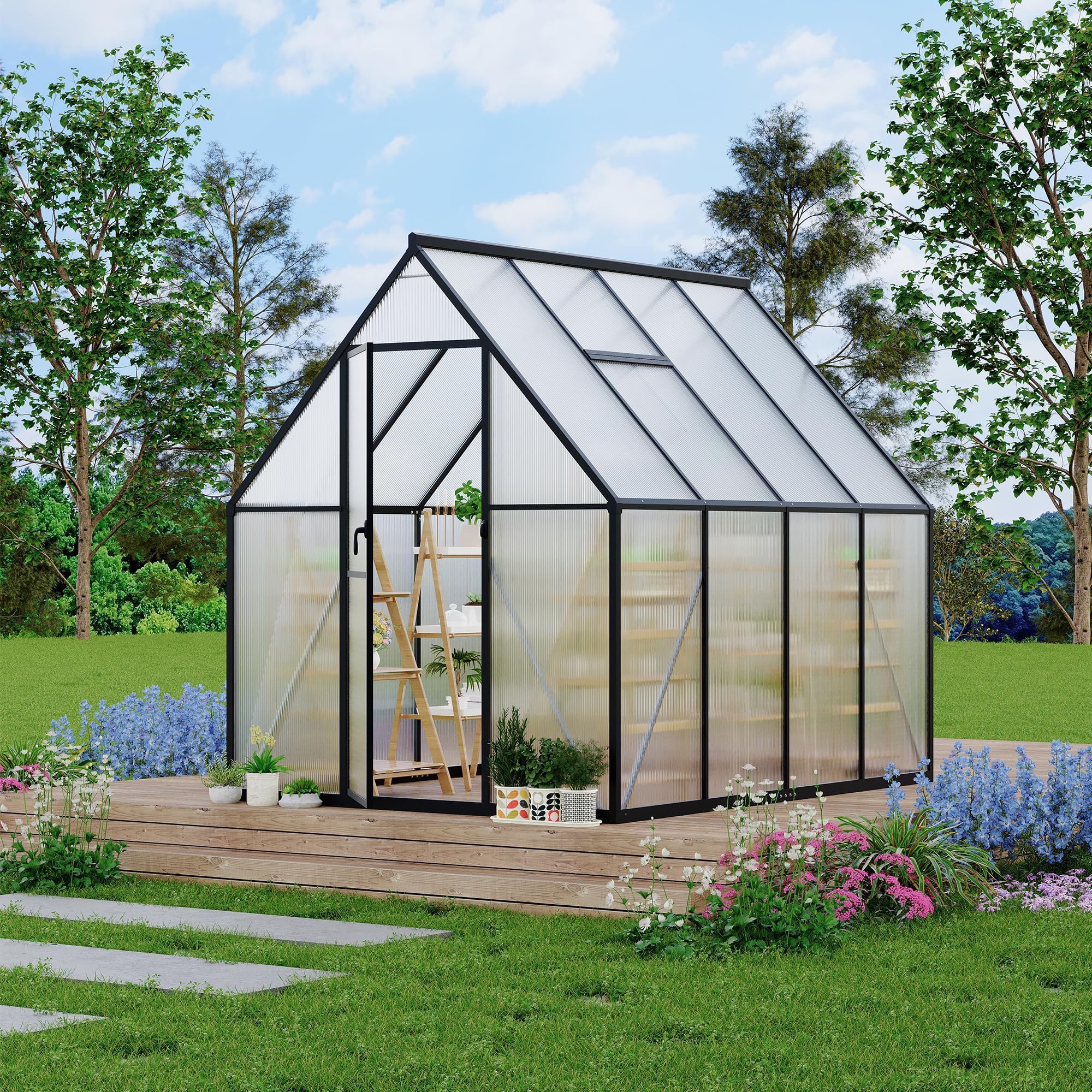 6×8FT Greenhouses for Outdoors, Aluminum Polycarbonate Greenhouses with Roof Vent - Heavy-Duty Walk-in Green Houses for All-Season Backyard Gardening