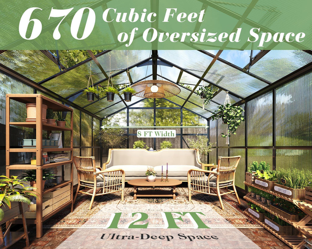 Jocisland 8x12x7.5 FT Greenhouse - Outdoor Aluminum Polycarbonate Greenhouse with Ventilation and Rain Gutter, 4 Swing Doors with Hook, Walk in Greenhouse for Outdoors Backyard Garden, Black - Unique Gift Market