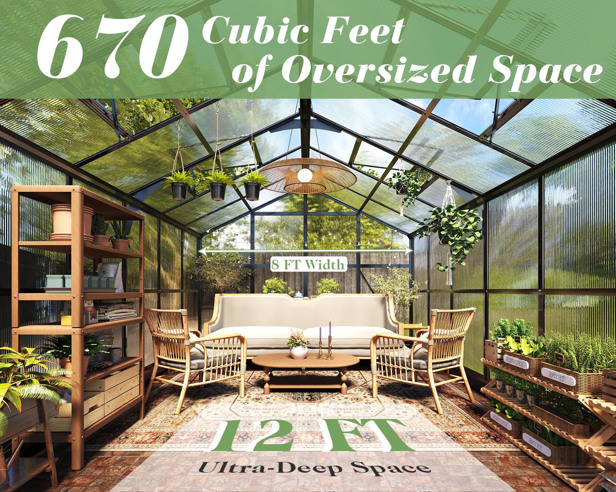 Jocisland 8x12x7.5 FT Greenhouse - Outdoor Aluminum Polycarbonate Greenhouse with Ventilation and Rain Gutter, 4 Swing Doors with Hook, Walk in Greenhouse for Outdoors Backyard Garden, Black - Unique Gift Market