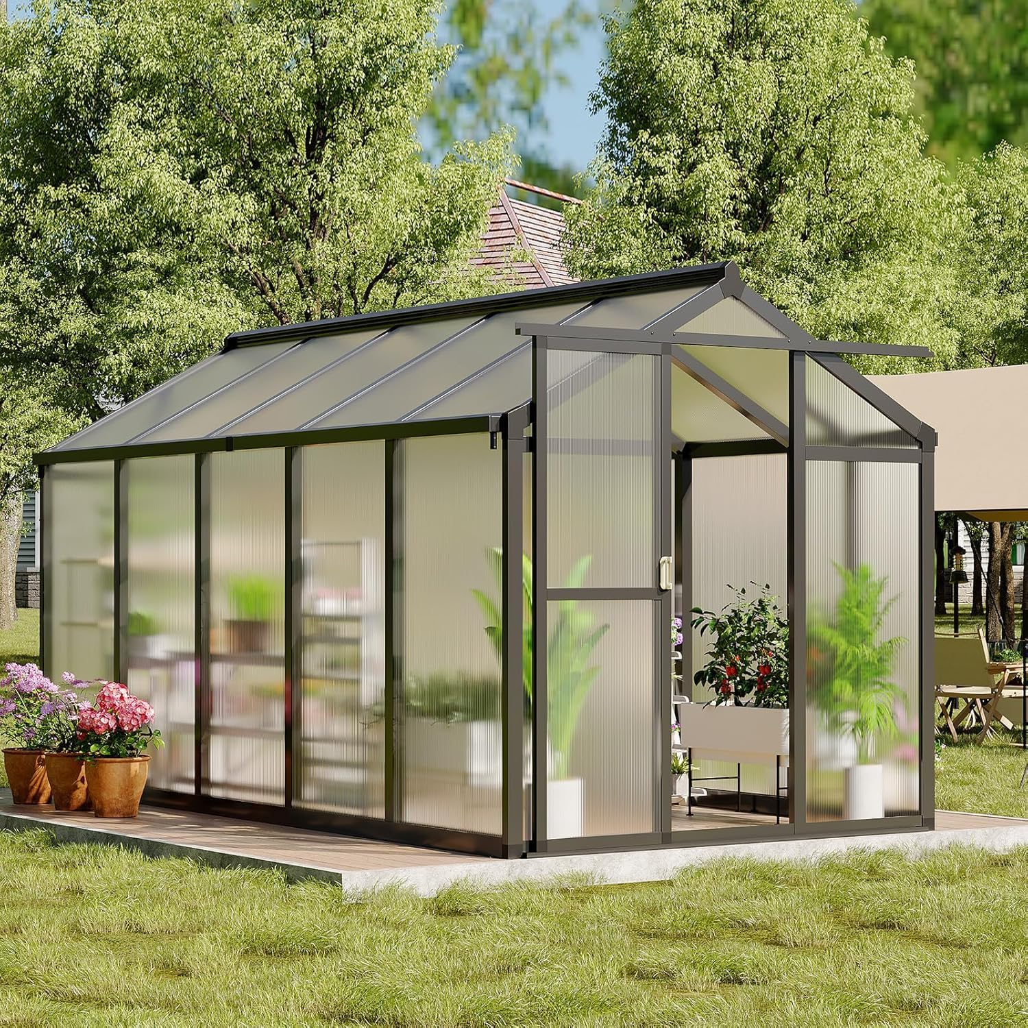 6×8FT Greenhouses for Outdoors, Aluminum Polycarbonate Greenhouses with Roof Vent - Heavy-Duty Walk-in Green Houses for All-Season Backyard Gardening