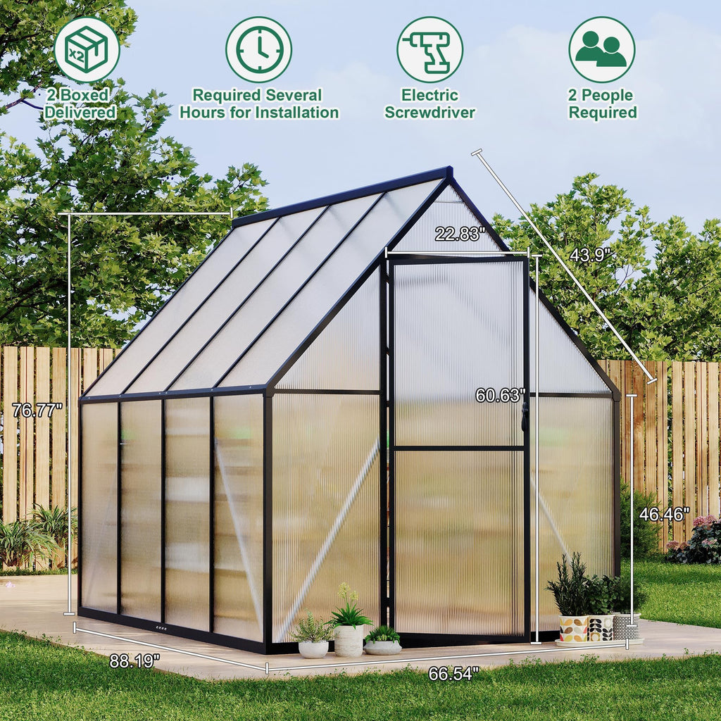6×8FT Greenhouses for Outdoors, Aluminum Polycarbonate Greenhouses with Roof Vent - Heavy-Duty Walk-in Green Houses for All-Season Backyard Gardening