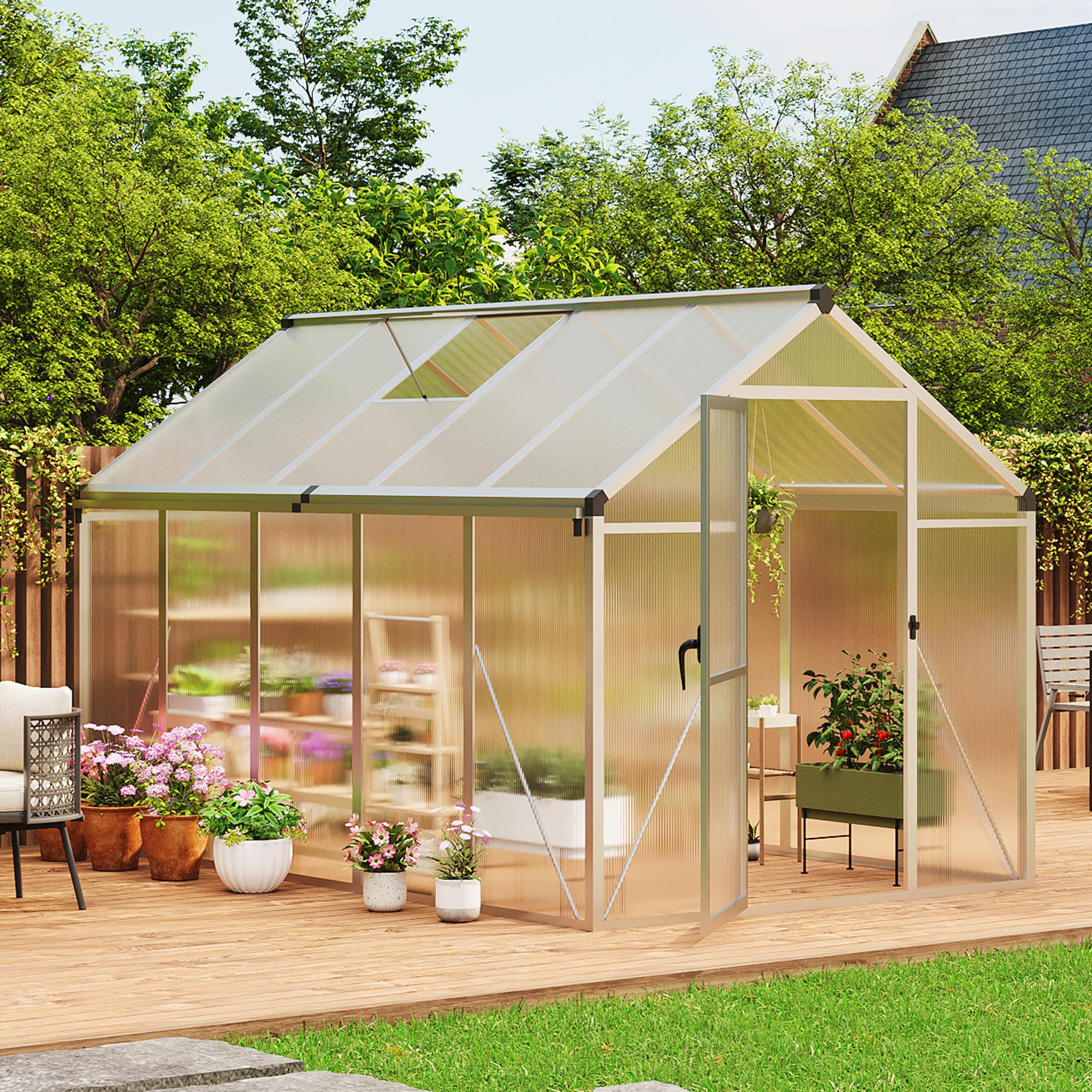 8×10 FT Greenhouse, Large Walk in Greenhouses for Outdoors and Garden Planting, Polycarbonate Greenhouse with Enhanced Aluminum Frame, Green Houses with Quick Setup Structure and Roof Vent, Green