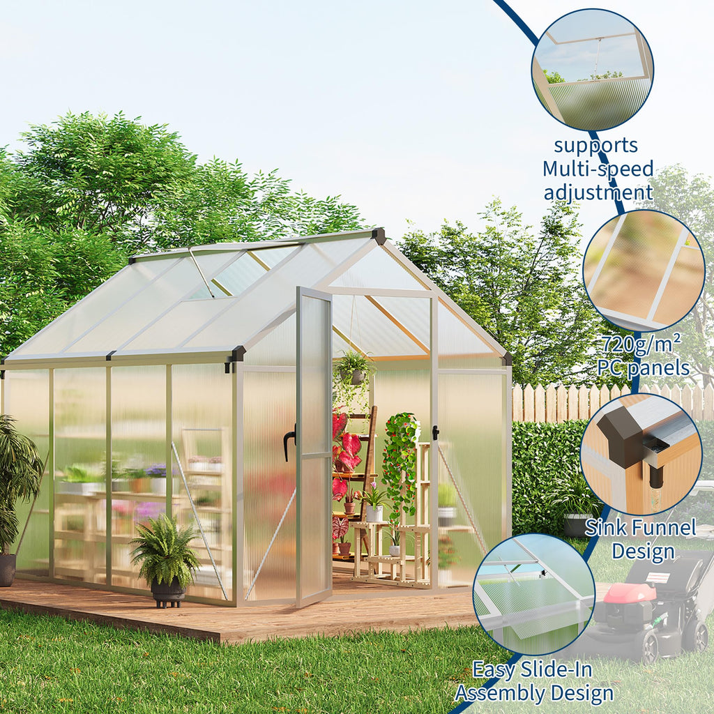 8×10 FT Greenhouse, Large Walk in Greenhouses for Outdoors and Garden Planting, Polycarbonate Greenhouse with Enhanced Aluminum Frame, Green Houses with Quick Setup Structure and Roof Vent, Green