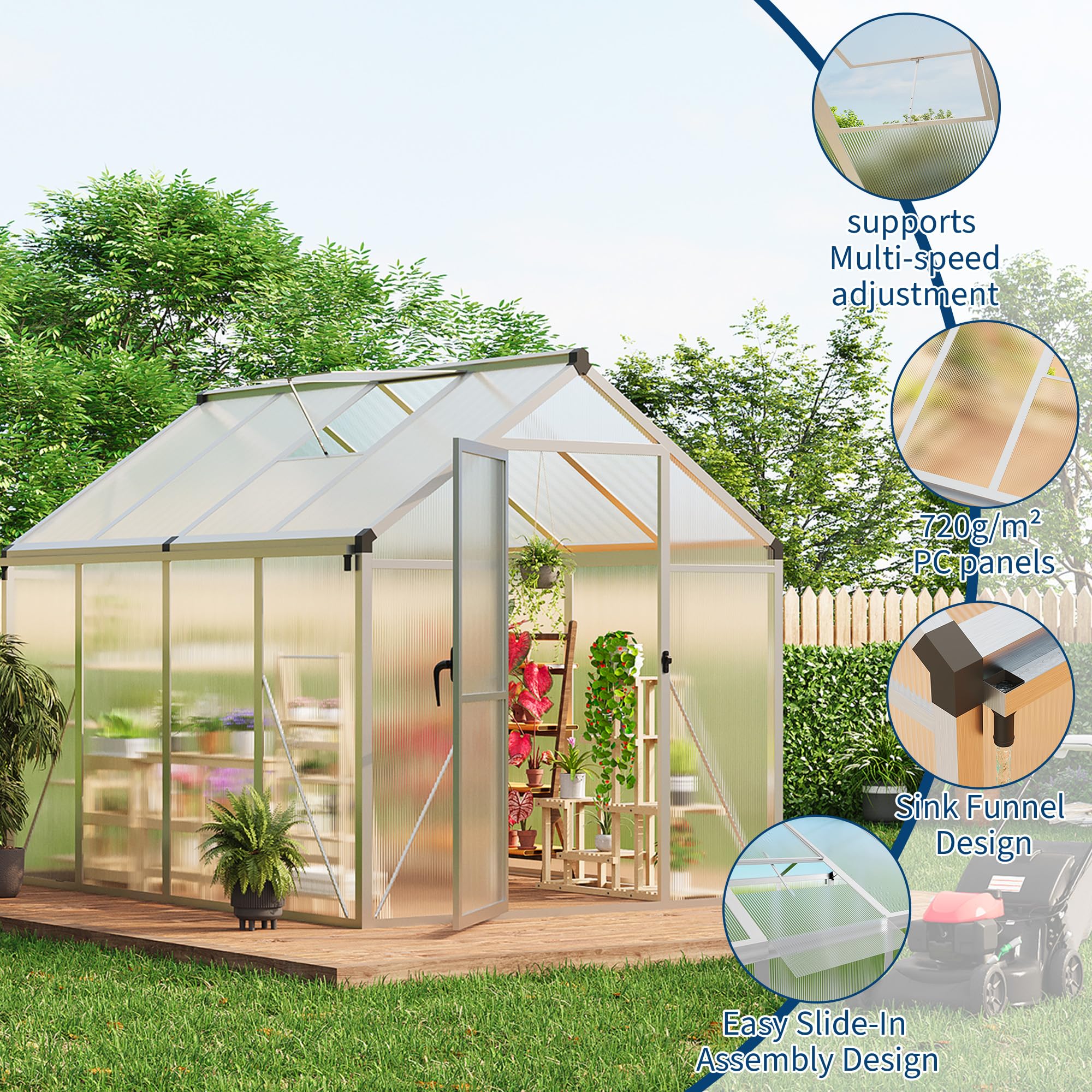 8×10 FT Greenhouse, Large Walk in Greenhouses for Outdoors and Garden Planting, Polycarbonate Greenhouse with Enhanced Aluminum Frame, Green Houses with Quick Setup Structure and Roof Vent, Green