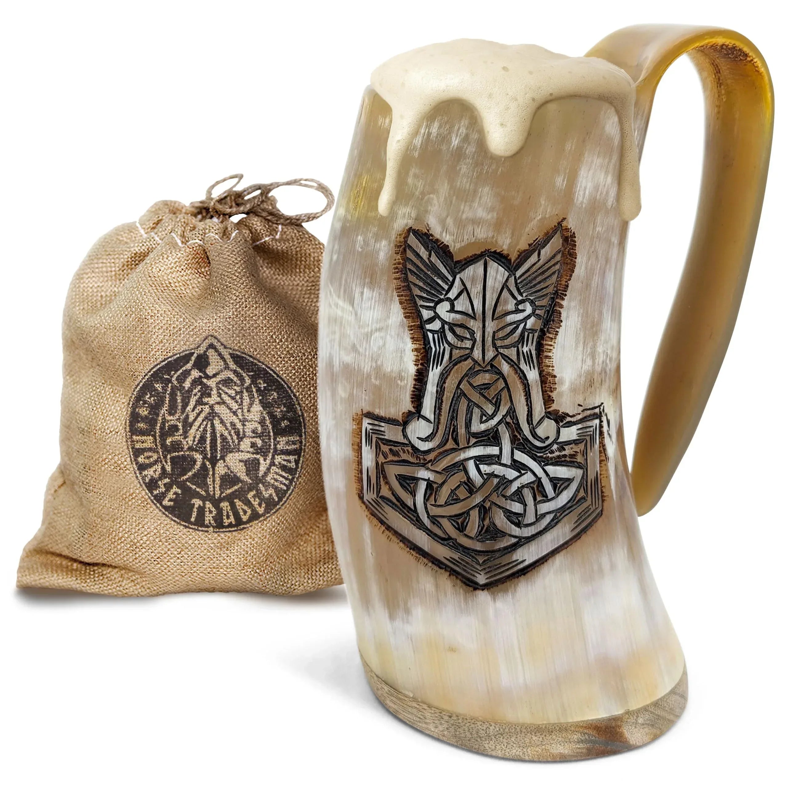 Norse Tradesman Original LG Viking Drinking Horn Mug - 100% Authentic Beer Horn Tankard With Natural Surface & Burlap Gift Sack | The Original, Low Polish, approx. 16 oz - Unique Gift Market