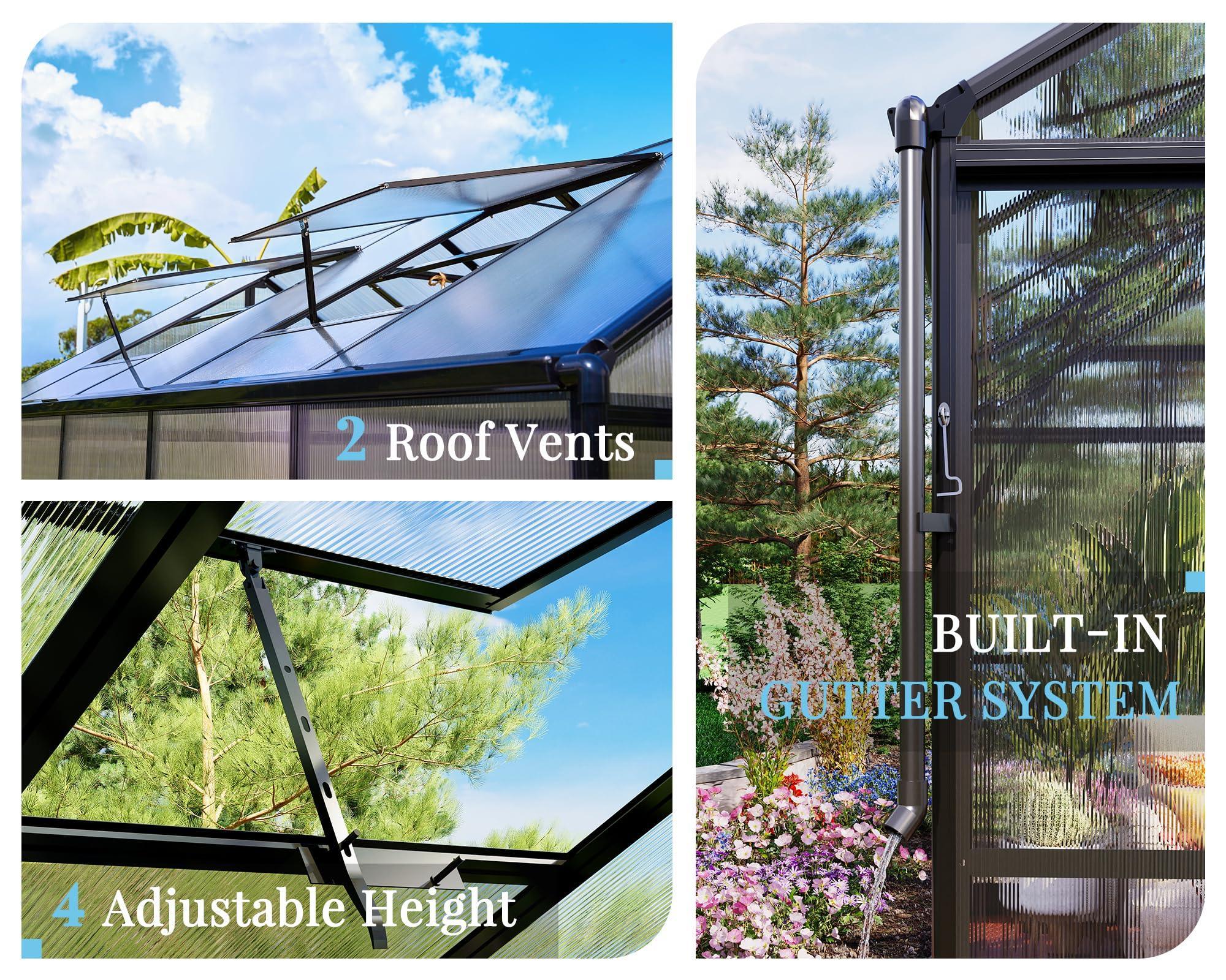 Jocisland 8x12x7.5 FT Greenhouse - Outdoor Aluminum Polycarbonate Greenhouse with Ventilation and Rain Gutter, 4 Swing Doors with Hook, Walk in Greenhouse for Outdoors Backyard Garden, Black - Unique Gift Market
