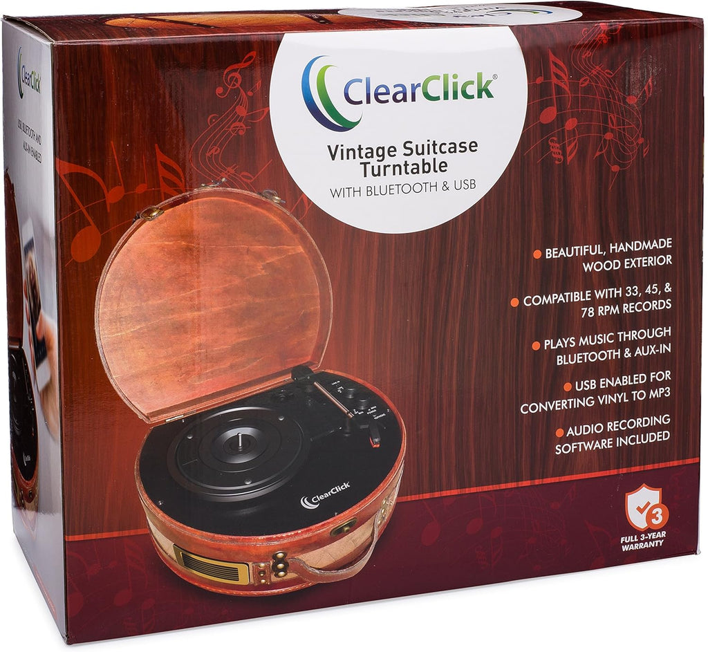 ClearClick Vintage Suitcase Turntable with Bluetooth & USB - Classic Wooden Retro Style