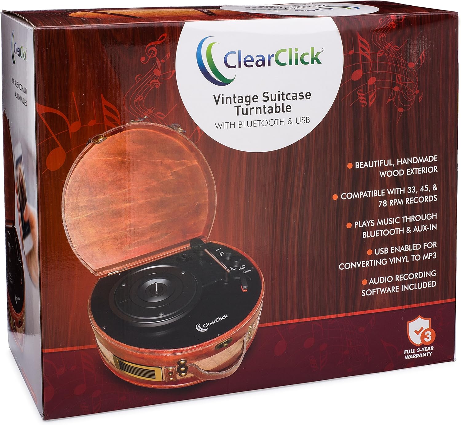 ClearClick Vintage Suitcase Turntable with Bluetooth & USB - Classic Wooden Retro Style