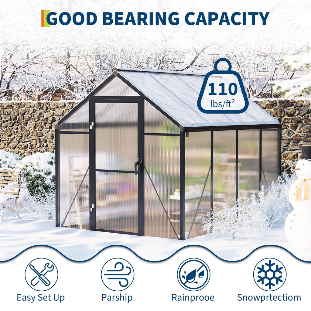 6×8FT Greenhouses for Outdoors, Aluminum Polycarbonate Greenhouses with Roof Vent - Heavy-Duty Walk-in Green Houses for All-Season Backyard Gardening